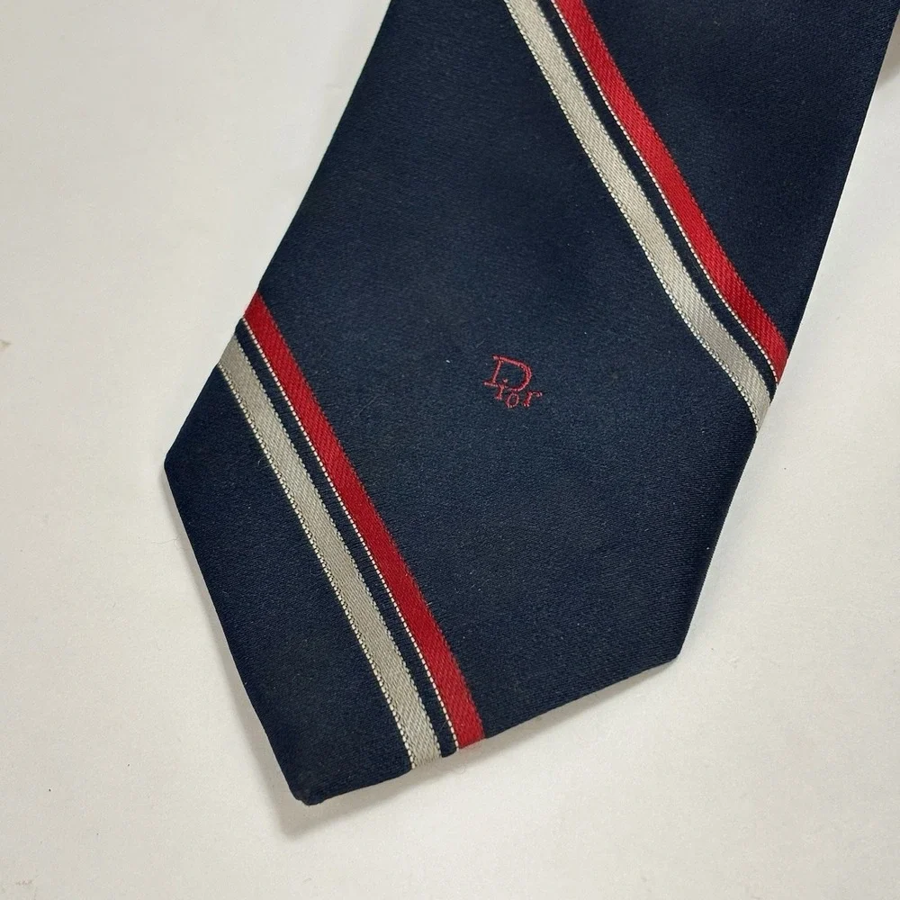 Vintage Christian Dior Necktie Diagonal Red Blue Silver Stripe Polyester Blend